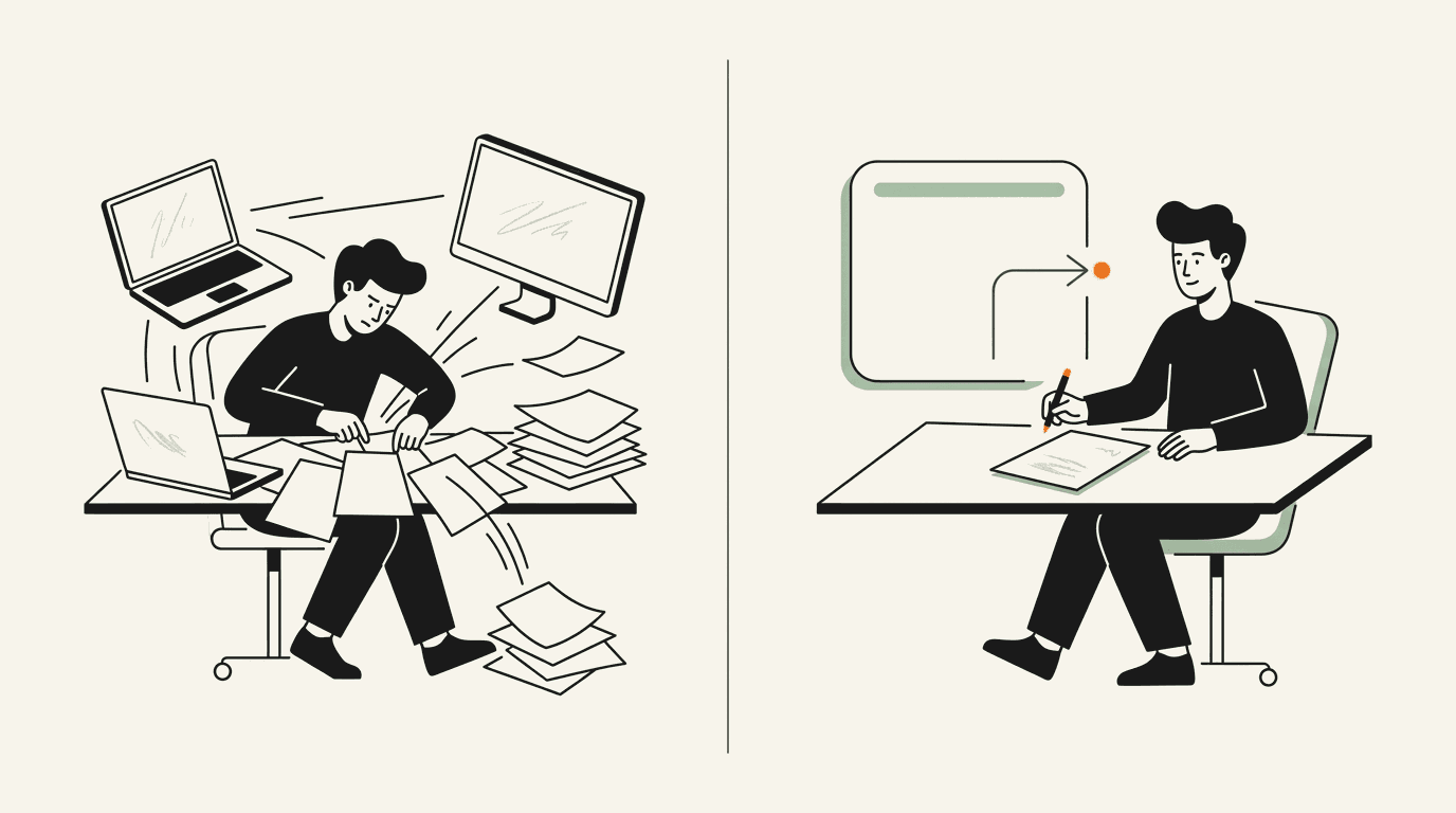 Two panels. On the left, one person at a cluttered desk assembles a document by hand from papers and screens scattered around them. On the right, the same person sits at a clear desk with one finished document, pen in hand, reviewing and signing it.